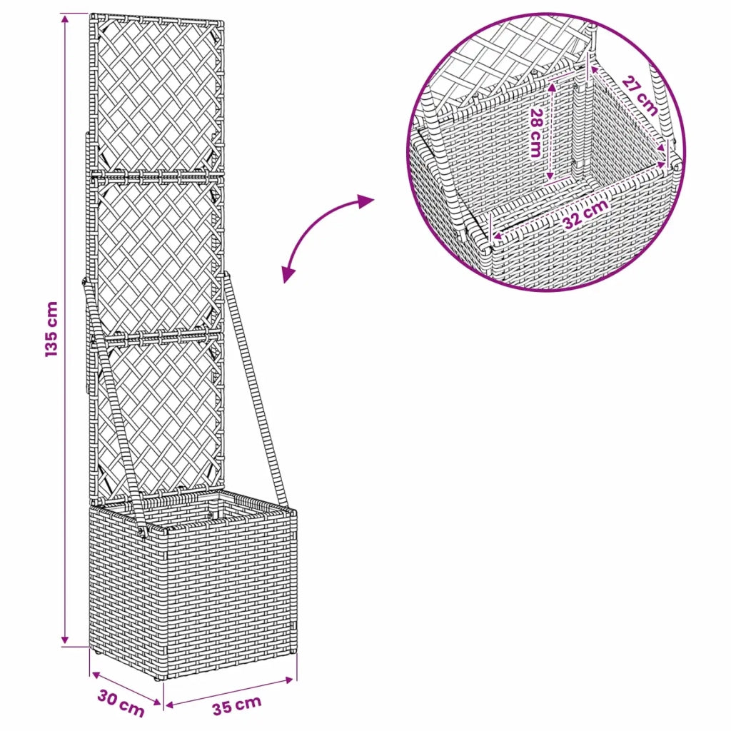 Fioriere | Cassetta per fiori | Vaso da Giardino con Trellis Grigio 35 x 30 x 135 cm polyrattan