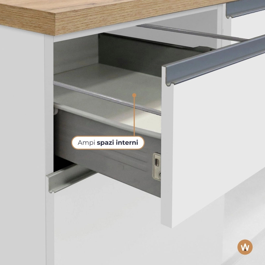 WHOUS Isola da cucina Sole a 4 ante e 4 cassetti bianco lucido e rovere 200x90x90 cm