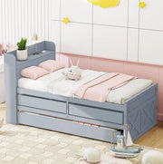 Letto 90x190 cm con cassetti; letto estraibile e USB in legno grigio