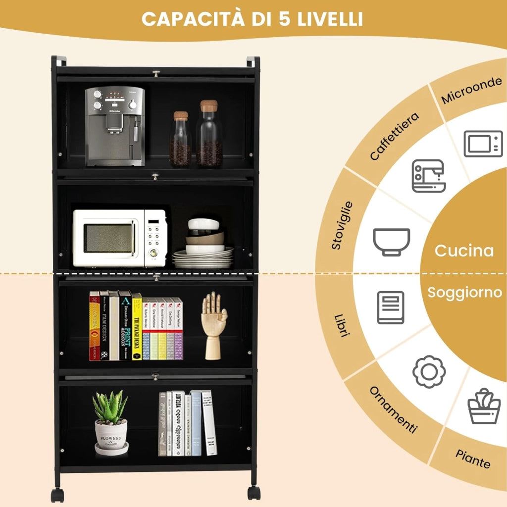 Armadio da Cucina a 5 Piani, Mobile Cucina Dispensa con Porte PC a Scomparsa, con 4 Ruote Girevoli, per Sala da Pranzo Soggiorno e Studio, 60x32x154 cm (Nero)