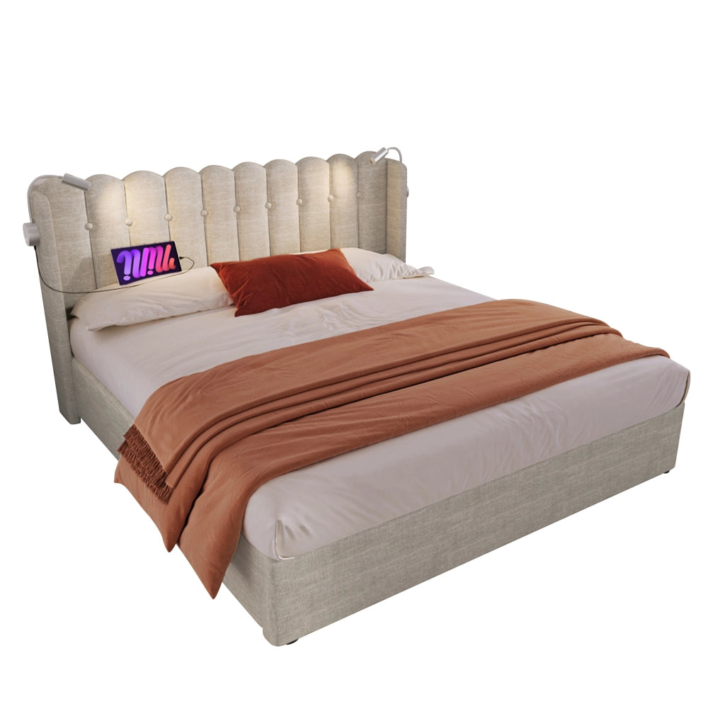 Letto matrimoniale 160x200 cm in tessuto lino naturale con lampada da lettura; USB e contenitore