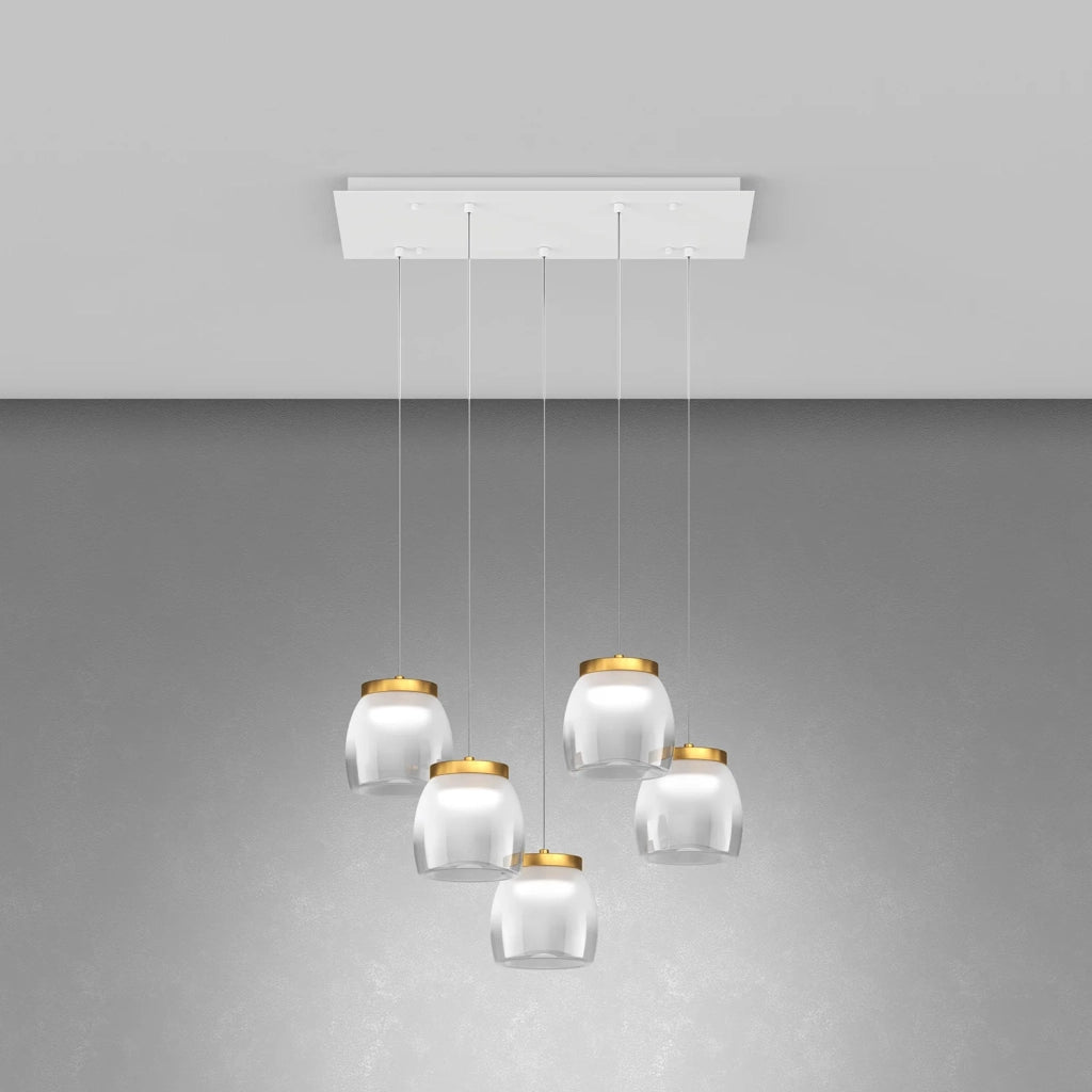 Lampadario Contemporaneo Drum Metallo Bianco Vetro Oro 5 Luci Led 40W Calda