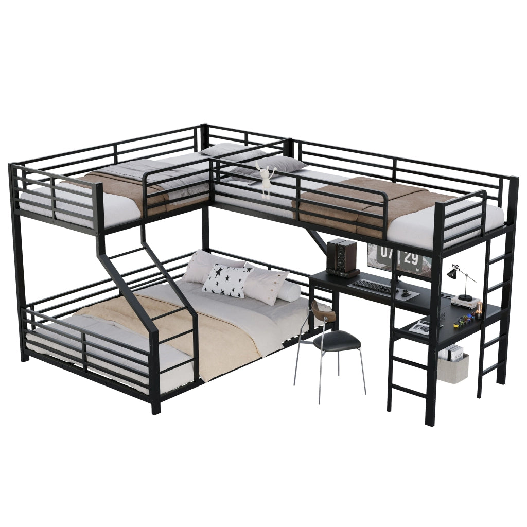 Letto a castello, 90 x 200 cm + 140 x 200 cm, tre posti letto, struttura in metallo, con presa di ricarica, scrivania, nero