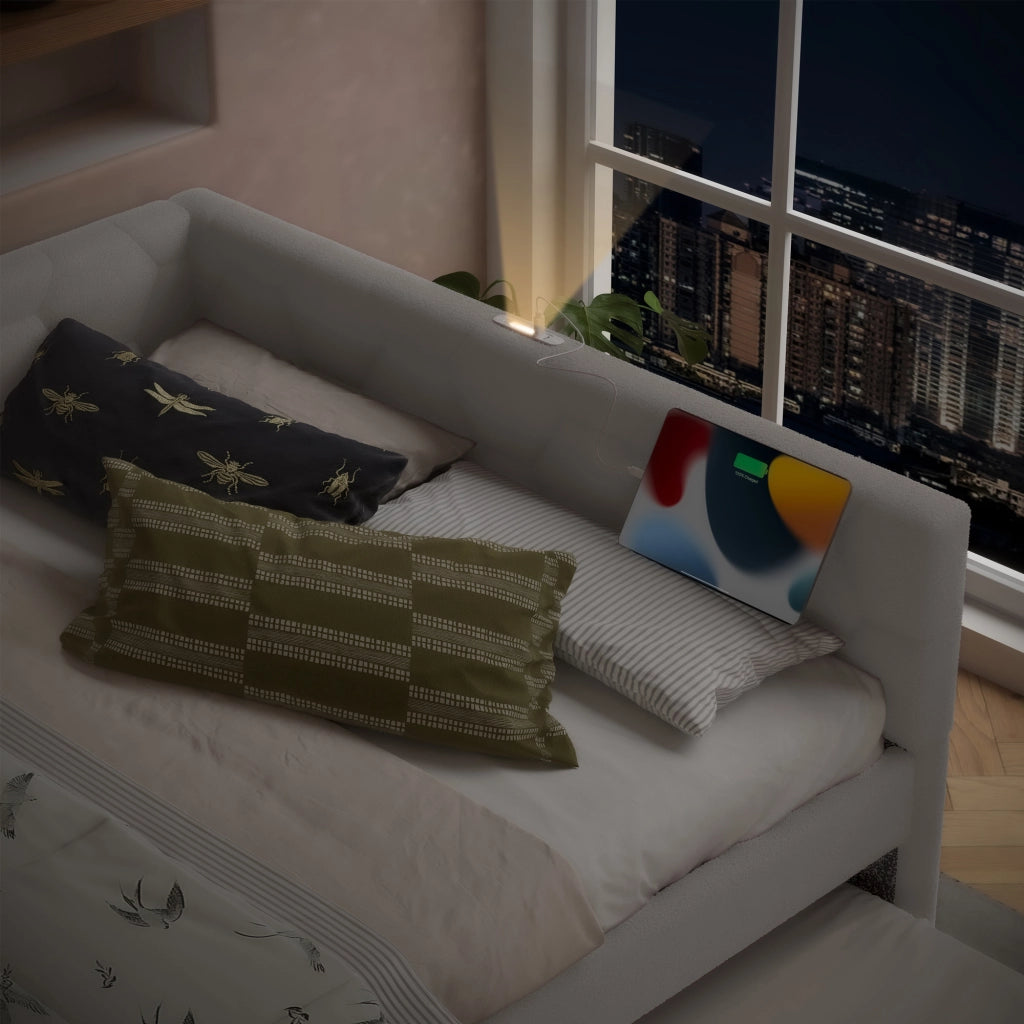 DESMIU Letto estraibile 90 × 200 cm 1 posto con lampada da comodino, USB, Type-C, senza materasso, in boucle, bianco