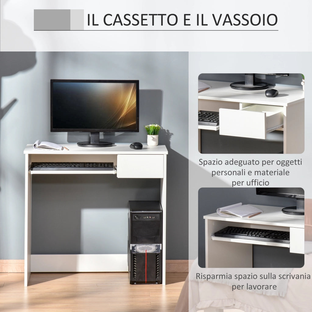 Scrivania per Computer e Ufficio Salvaspazio 80x45x75 cm con Ripiano Tastiera e Cassetto Bianco Moderno per Studio e Casa