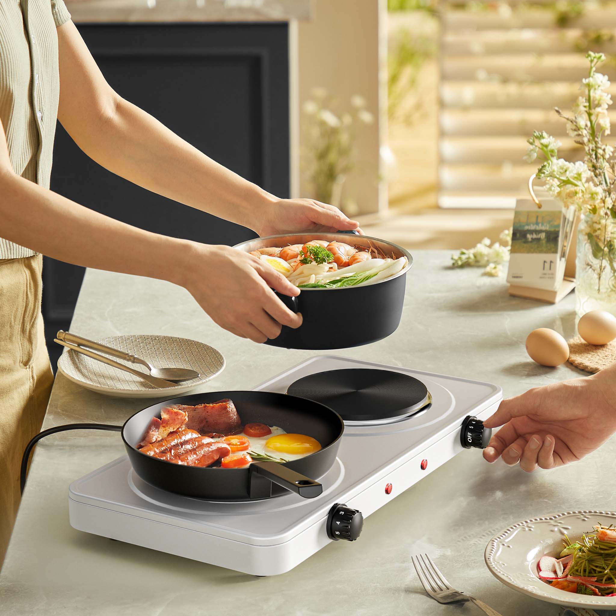 Fornello elettrico portatile a due piastre in ghisa, 2000 w, protezione anti sovraccarico, da campeggio