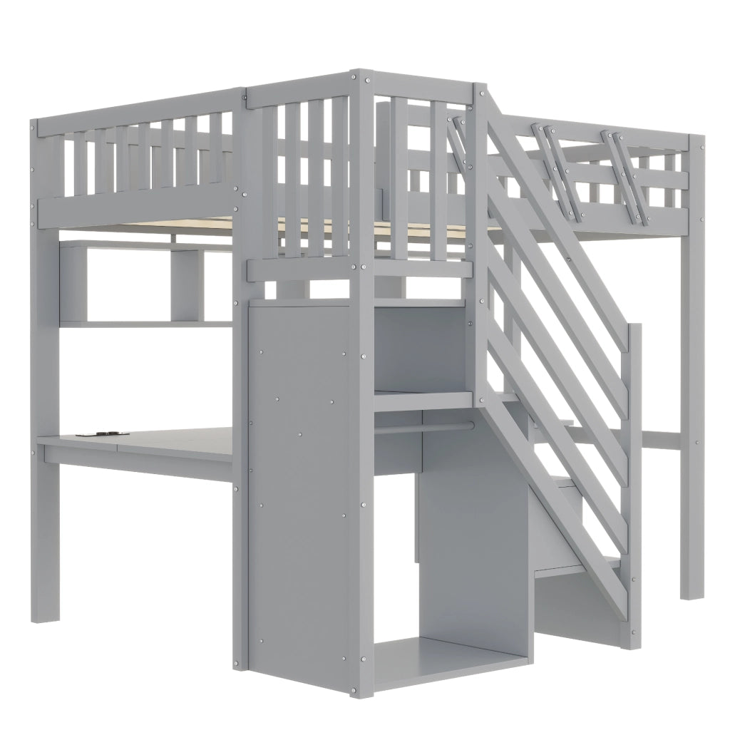 Letto a soppalco 90x200 cm con scala contenitore; scrivania; USB e LED; legno massello grigio