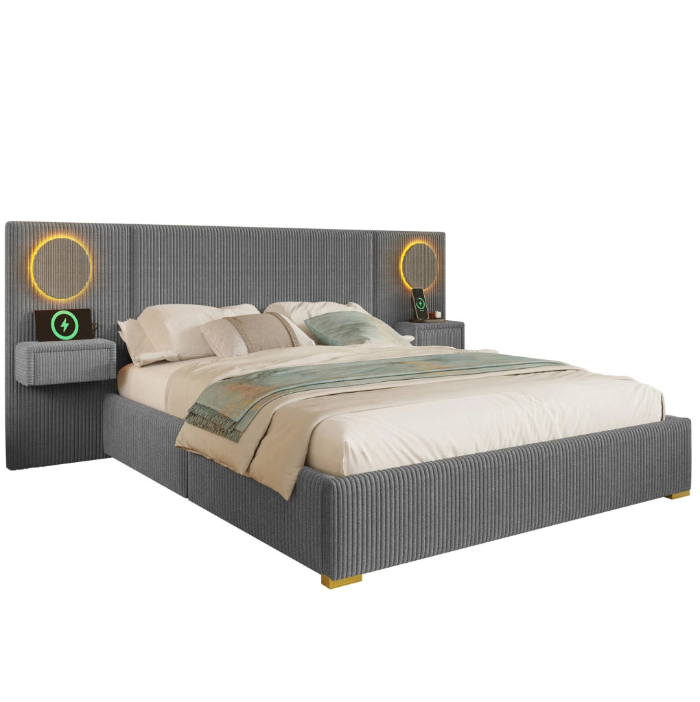 Letto imbottito 180x200 cm in velluto grigio con LED e USB