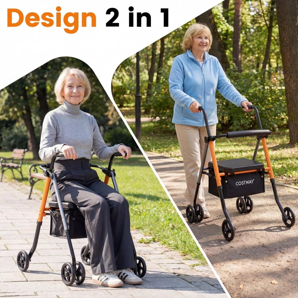 Deambulatore per Anziani Pieghevole, 2 in 1 Girello con Seduta a 3 Livelli, Sacchetti Portaoggetti e Impugnatura Ergonomica, Rollator Deambulatore Portatile per Intreno ed Esterno