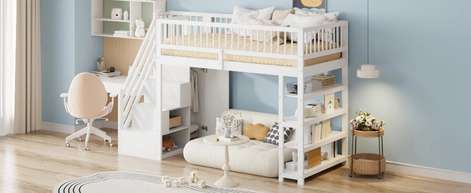 DESMIU Letto a soppalco Letto singolo 1 posto con armadio, scaffali e vano contenitore 90 × 200 cm, senza materasso