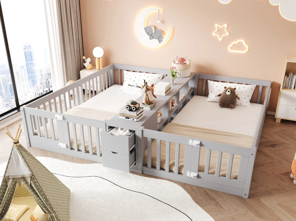 Letto 90x200 cm con sponde alte e cassetti in legno grigio