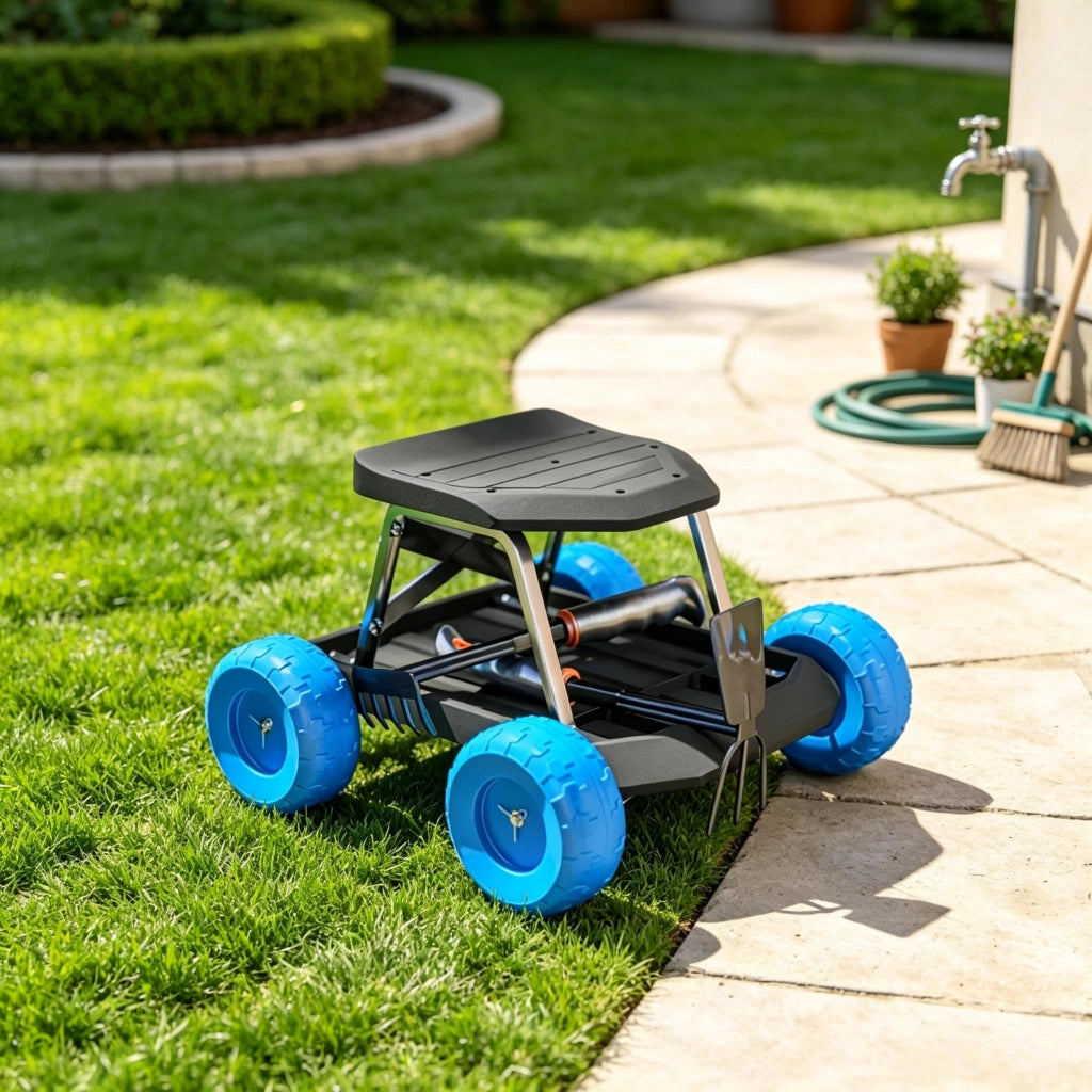 Sgabello da giardino mobile con rotelle e ripiano, seduta pratica per officina (solo 1 sgabello)