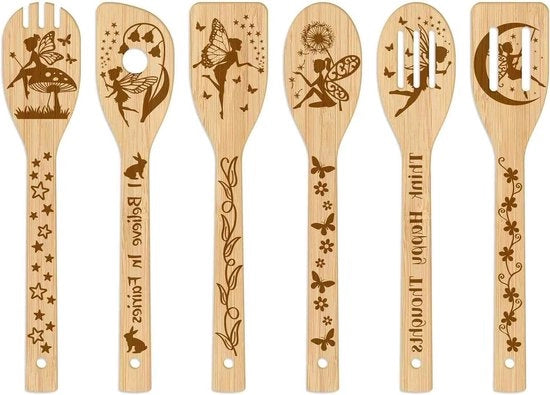 6 pezzi di Spiedi in Bambù da Cucina - Cucchiai da Cucina in Bambù con Disegno - Cucchiai in Legno per Cucina - Spiedi in Legno per Cucina - Cucina e Divertimento - Regalo di Benvenuto per la Casa - Cucchiai in Legno per Cucina