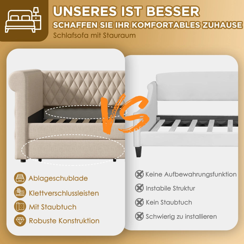 DIVANO LETTO 90x200 cm Beige in Lino con 2 Cassetti, senza materasso