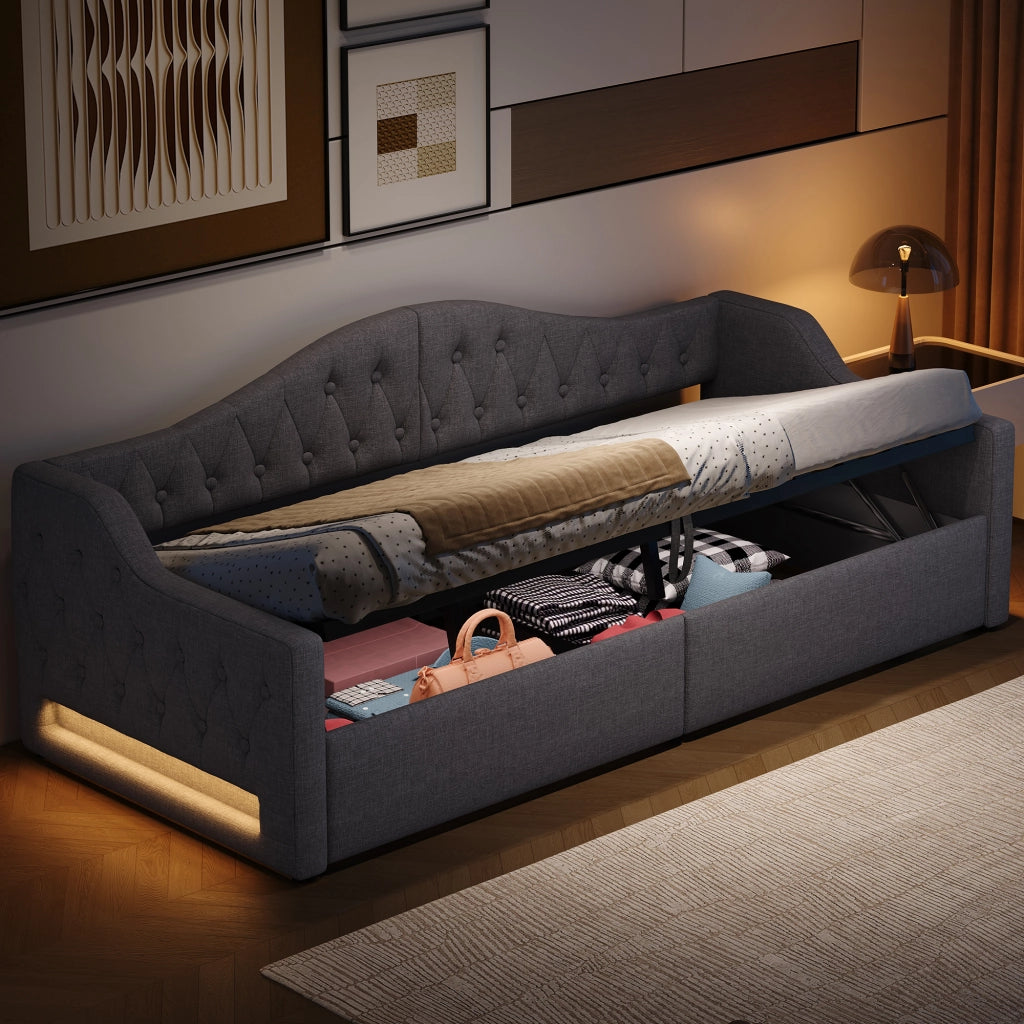 LETTO Giorno 90x200 cm Grigio con LED e contenitore