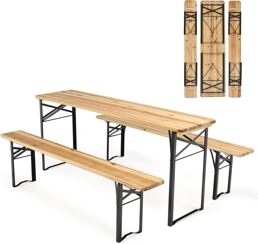 Set da Tavolo e 2 Panche da Campeggio Pieghevole, Tavolo da Picnic in Legno con Telaio e Gambe in Ferro Robusto，Adatto per Terrazza, Barbecue e Festa in Giardino