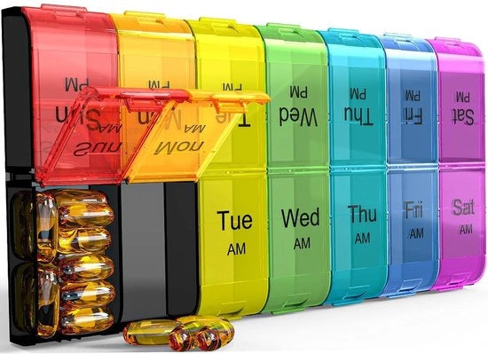 Organizzatore di Medicamenti Extra Grande - 7 Giorni - 2 Cassetti - Settimanale - AM/PM - Grande Capacità 14 x Olio di Fisso/20 x Comprimi - Cassa per Medicamenti