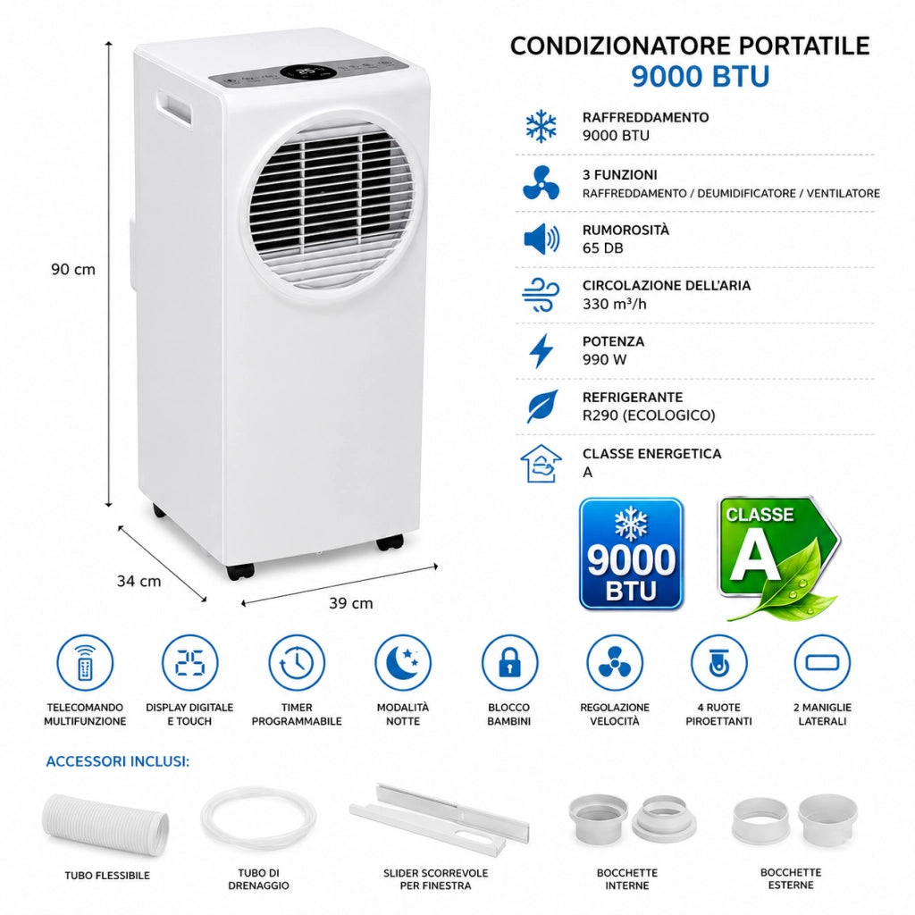 Condizionatore Portatile 9000 Btu Deumidificatore Ventilatore Telecomando Timer