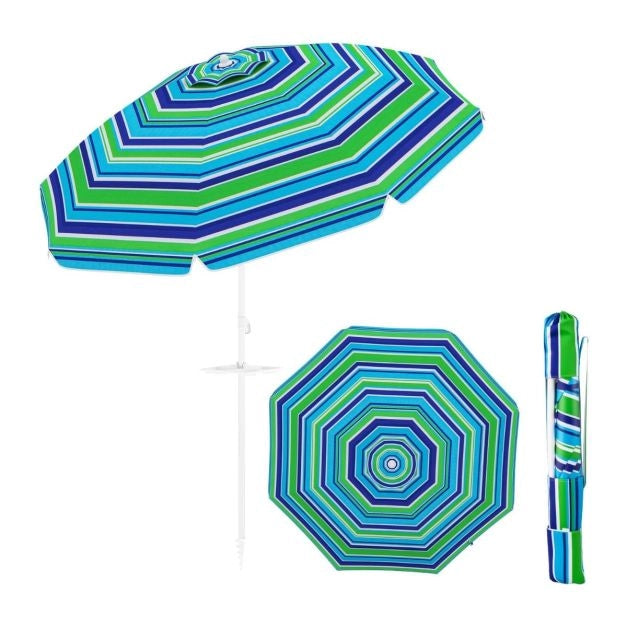Ombrellone da spiaggia inclinabile 220 x 220 cm Protezione solare UPF50 design portatile poliestere blu-verde 20_0012995