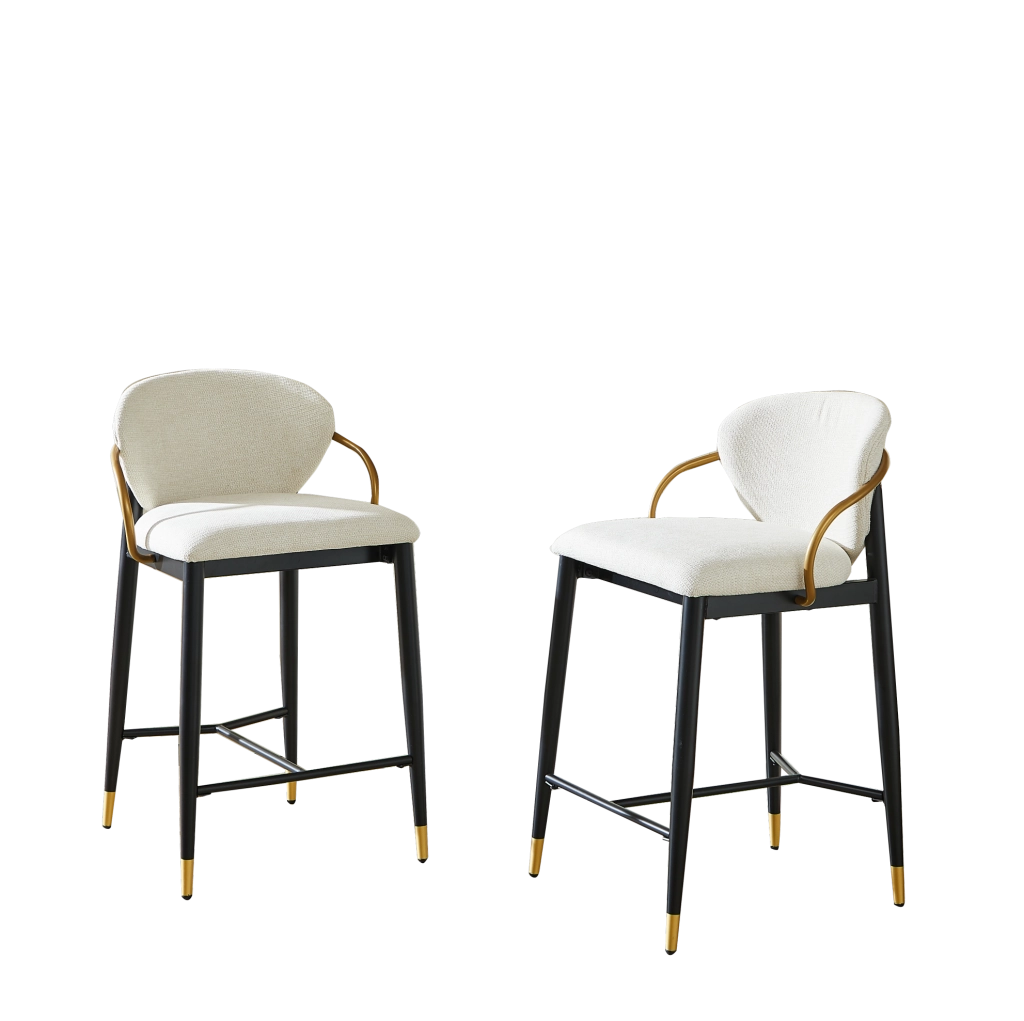 Sgabello da bar in ciniglia beige con struttura nero oro