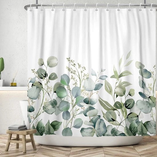 Douchegordijn con foglie di eucalipto, grande fogliame, tende da bagno con 12 ganci, impermeabili, resistenti a muffa e muffa, in poliestere, lavabile, 183 x 183 cm