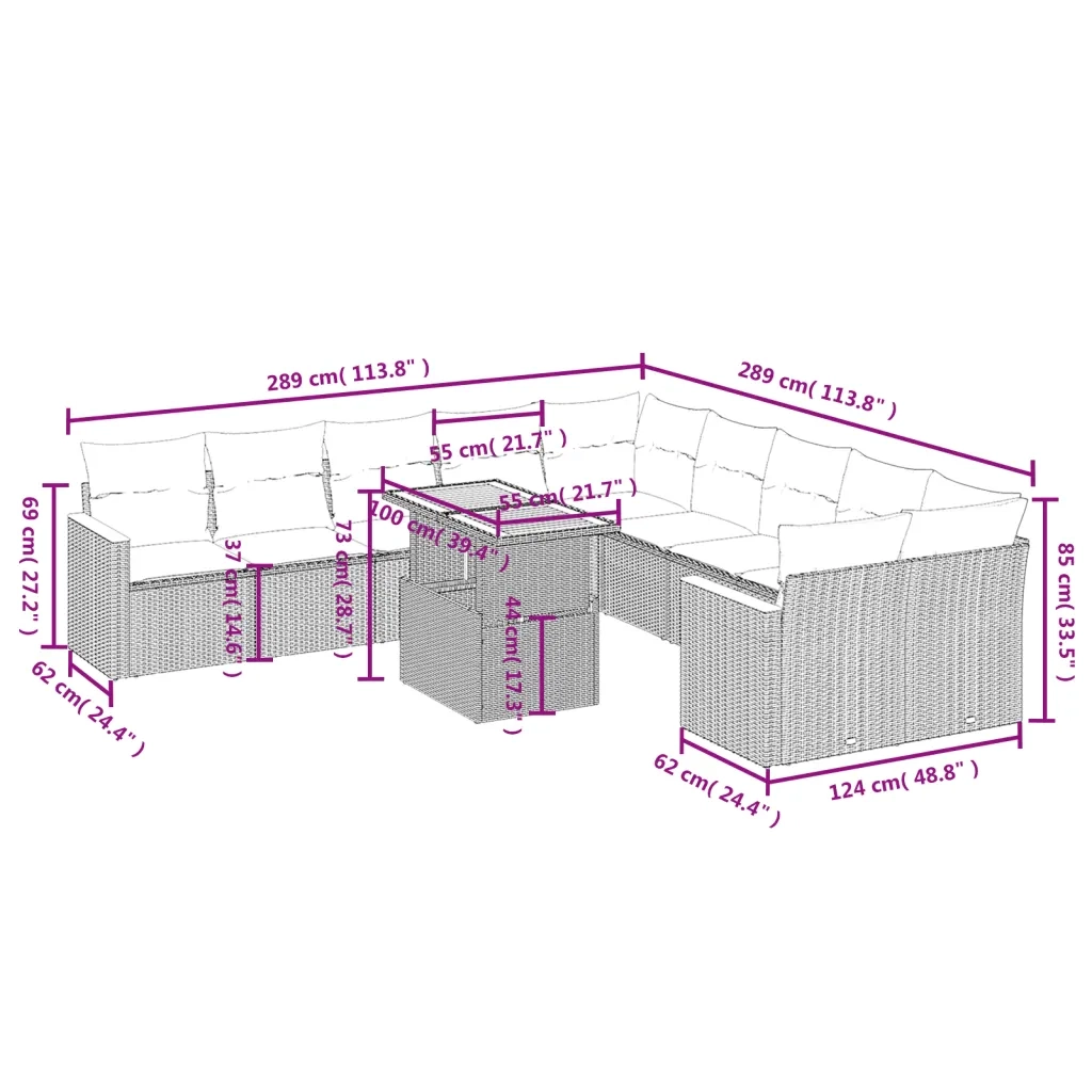 Set Divani da Giardino 11 pz con Cuscini Beige in Polyrattan