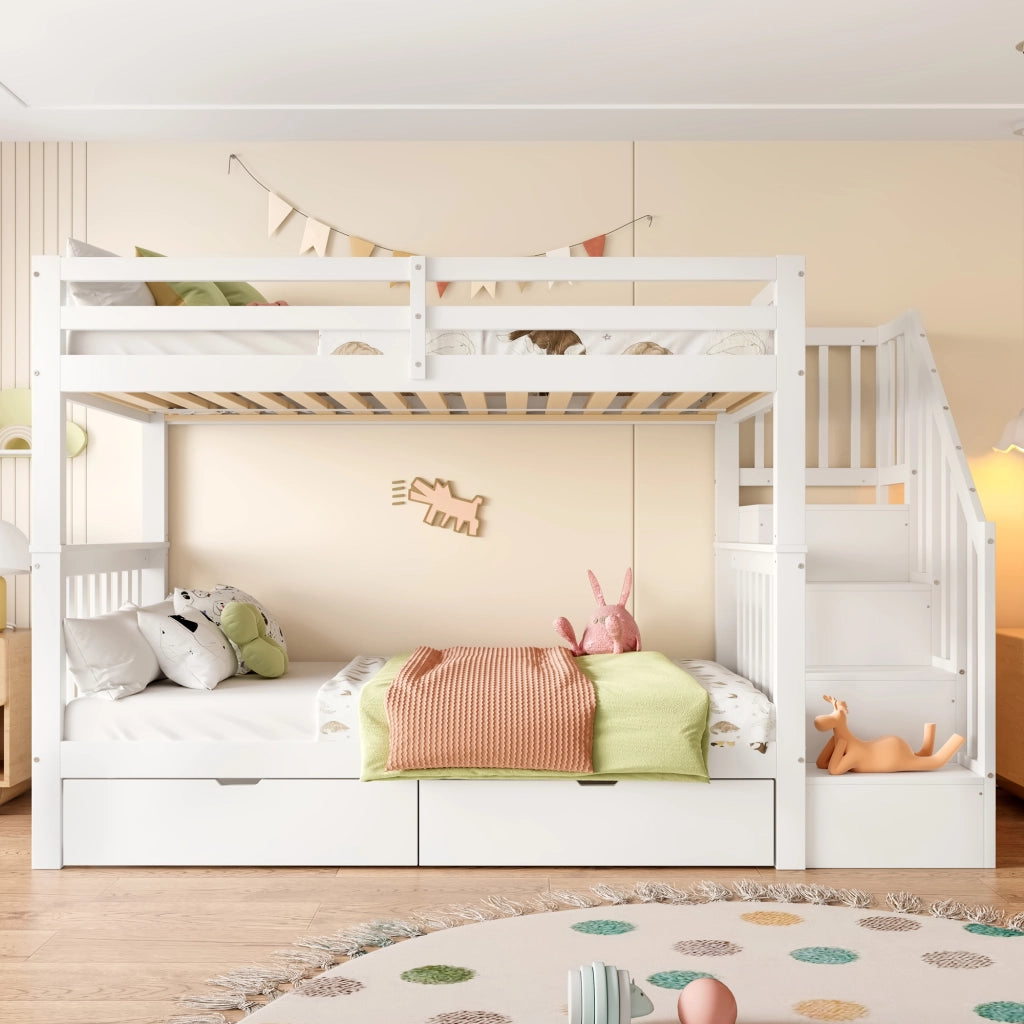 Letto a castello con scala e cassetti in pino bianco 90x200 cm