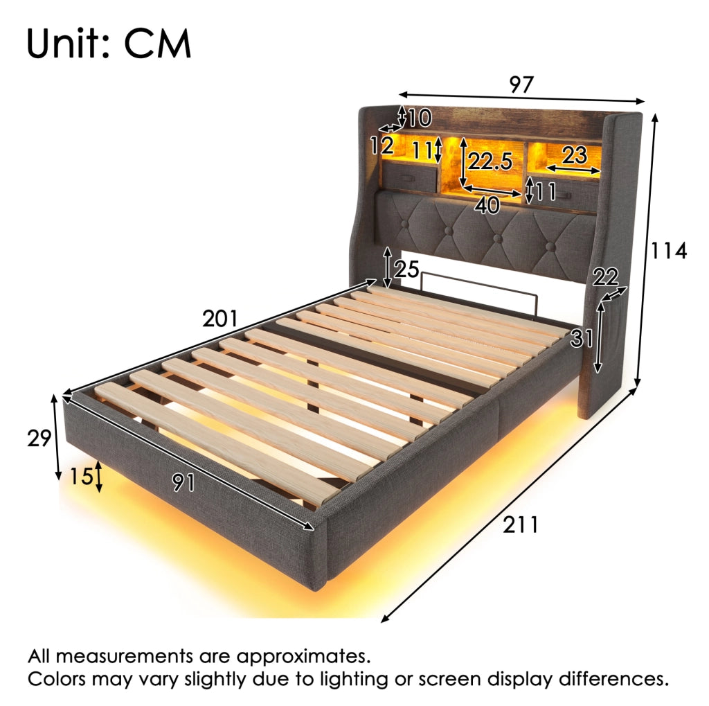 Letto imbottito ULEVR 90x200 cm con LED, 3 USB e Type-C, testiera con ripiani e tasche, lino grigio