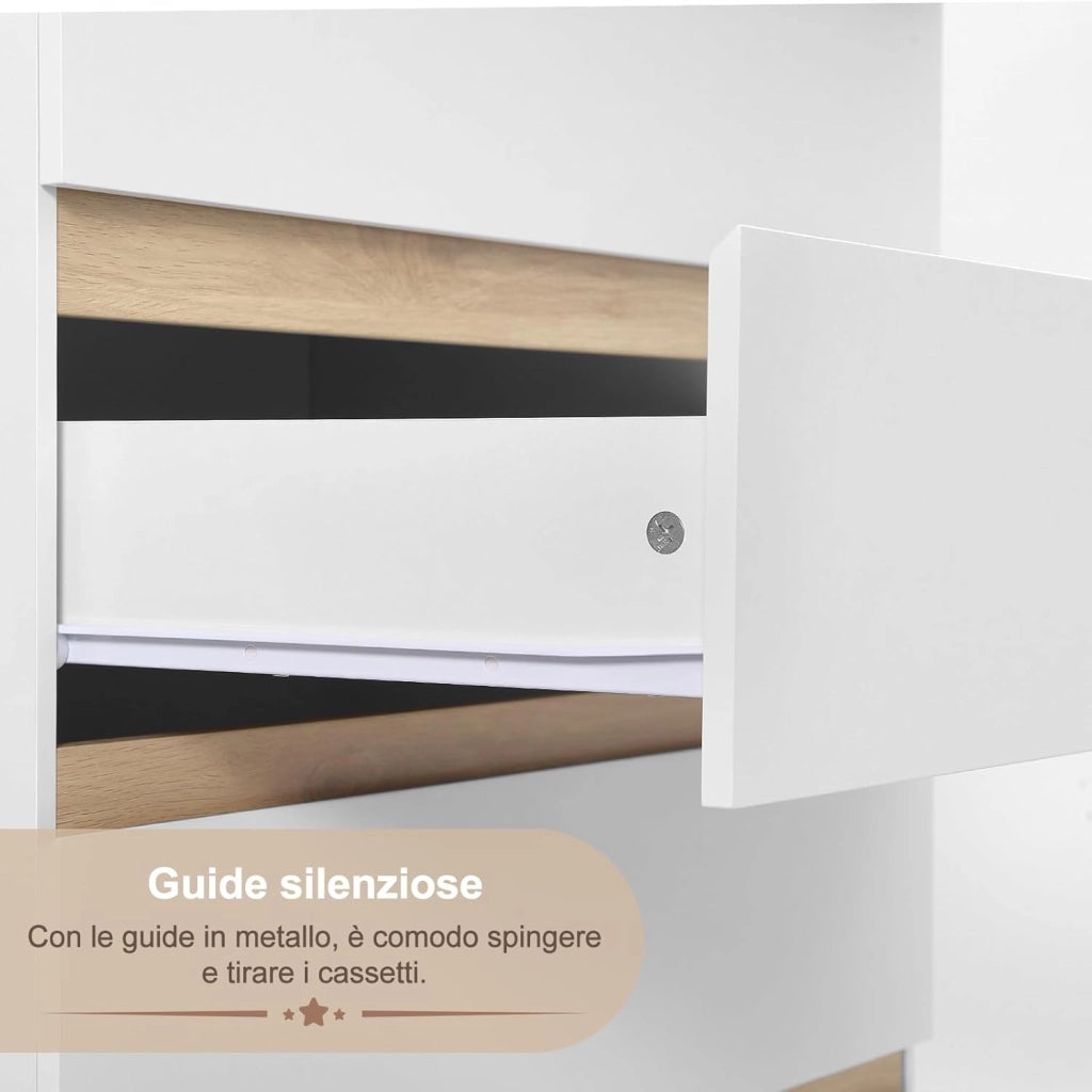 Mobile Fasciatoio per Bambini, Cassettiera con 4 Cassetti, Cassettone con Ripiano Fasciatoio Rimovibile, in Legno MDF e Truciolare, Bianco+Rovere