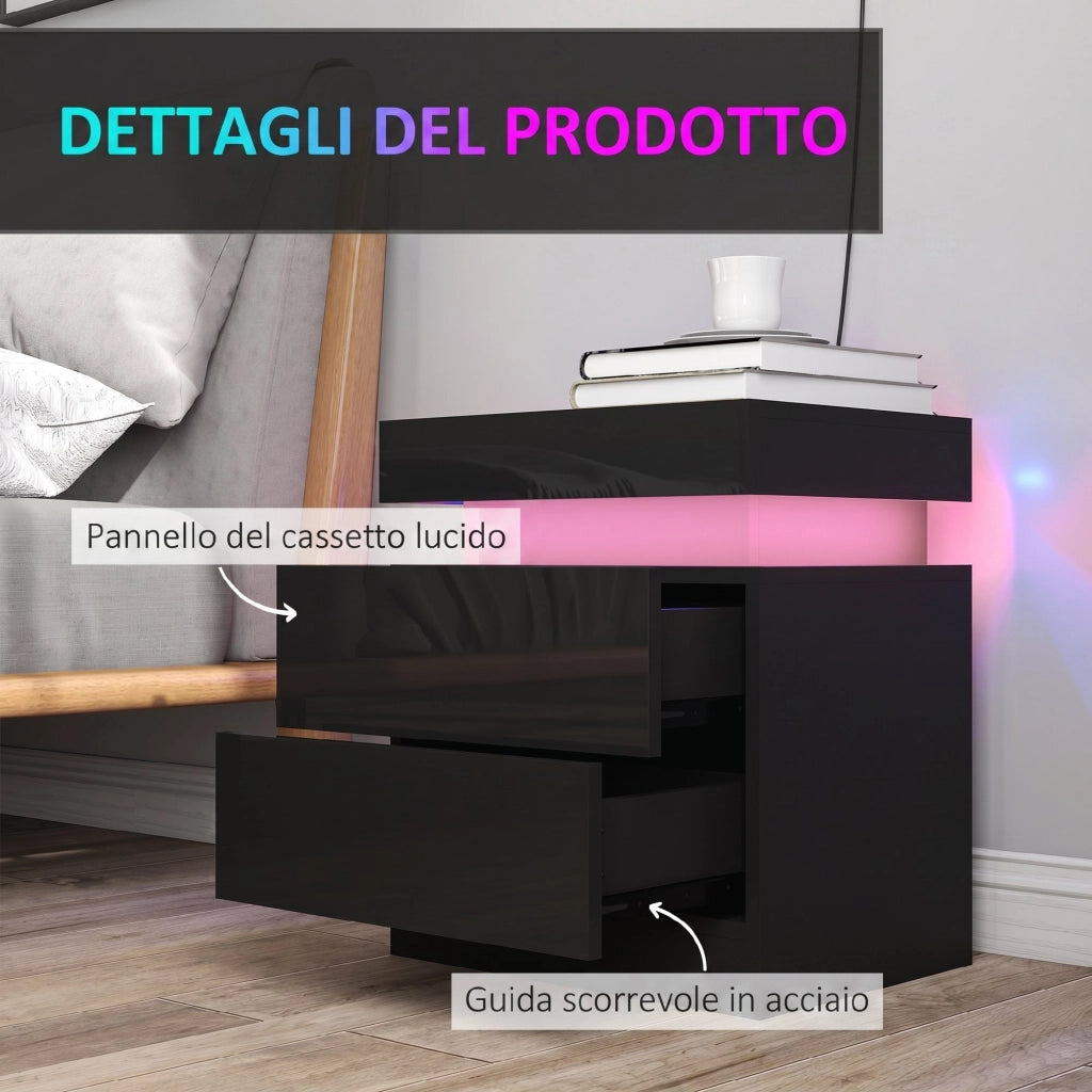Set 2 Comodini 45x35x52 cm LED a 16 Colori e 4 Modalità con 2 Cassetti in Legno Nero