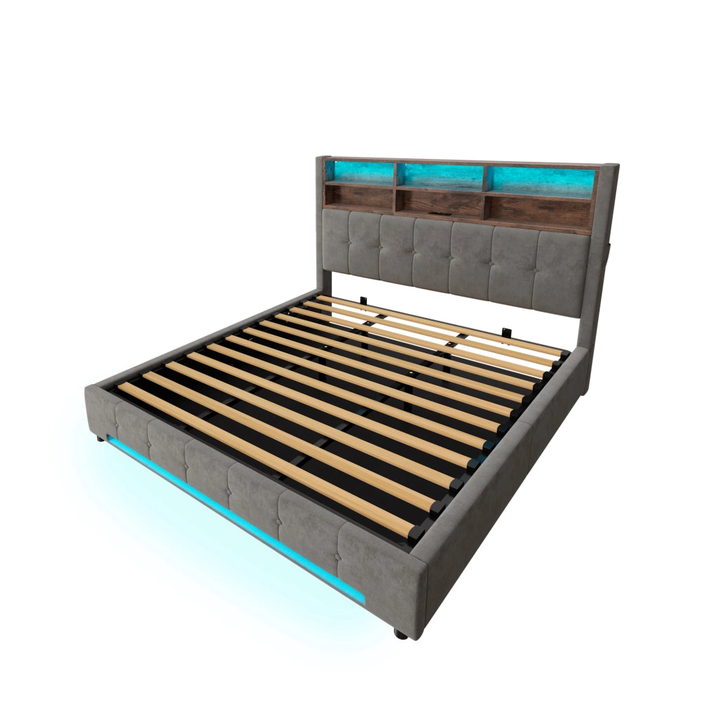 Letto Contenitore 180 x 200 cm con USB-C; LED e 6 Vani; Testiera Multifunzionale