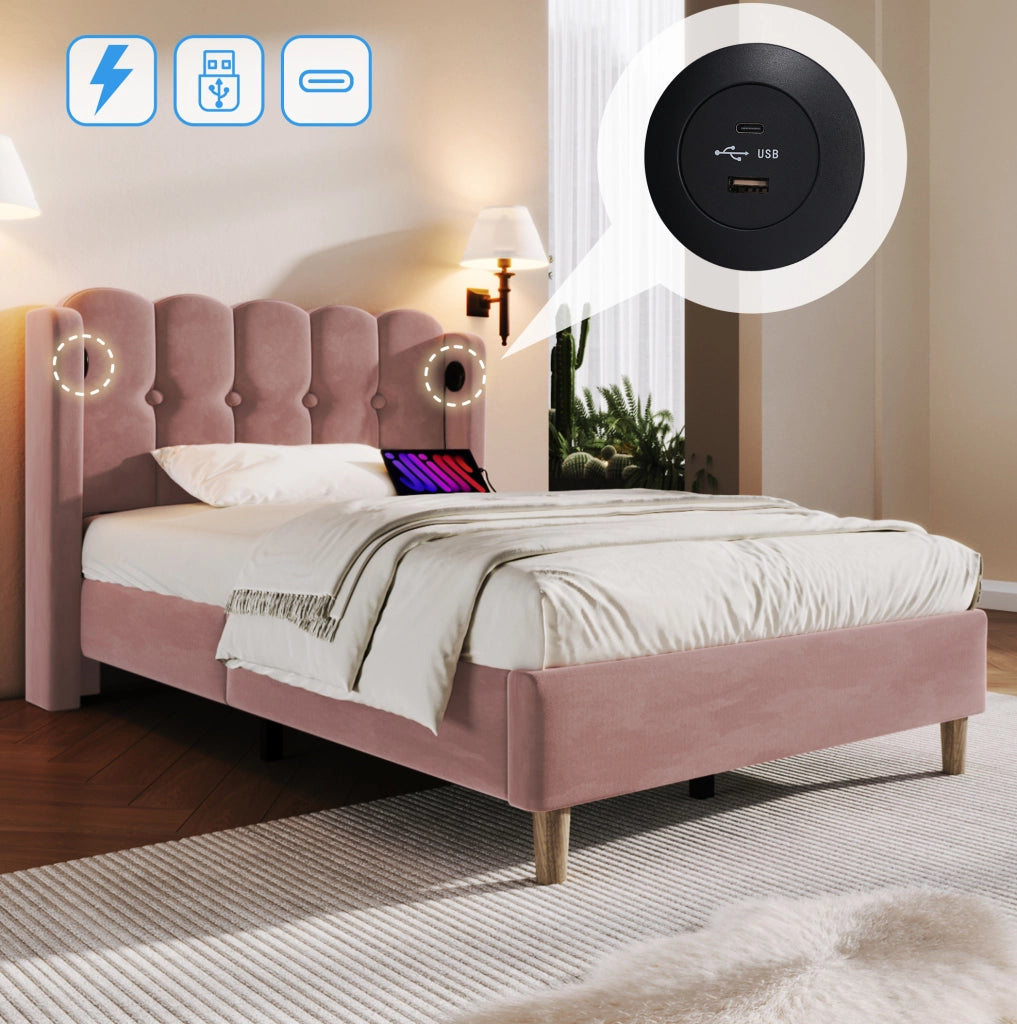 Letto singolo imbottito rosa 90x200 cm con USB e USB-C