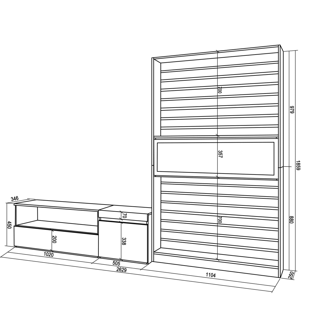 Mobile TV, Soggiorno, 260x35x186cm, Per TV fino a 65", Camino elettrico, colore Rovere e nero RF2537