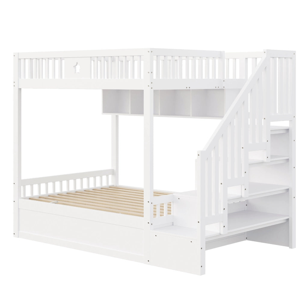 Letto a castello ULEVR 140x200 cm con letto inferiore idraulico, scala contenitore e ripiani, bianco
