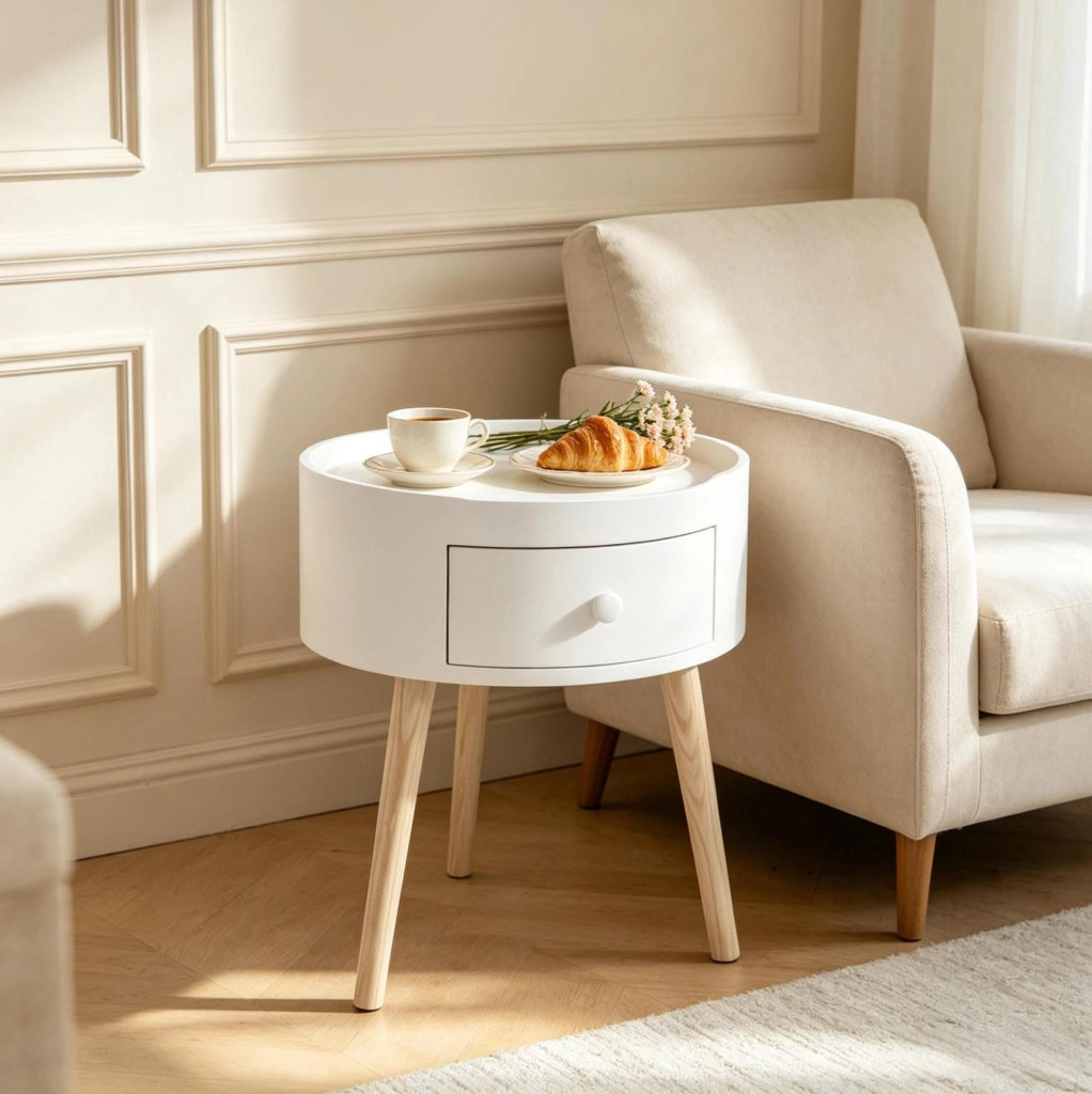 Comodino rotondo 38x38x45 cm in MDF e legno, bianco, con cassetto –