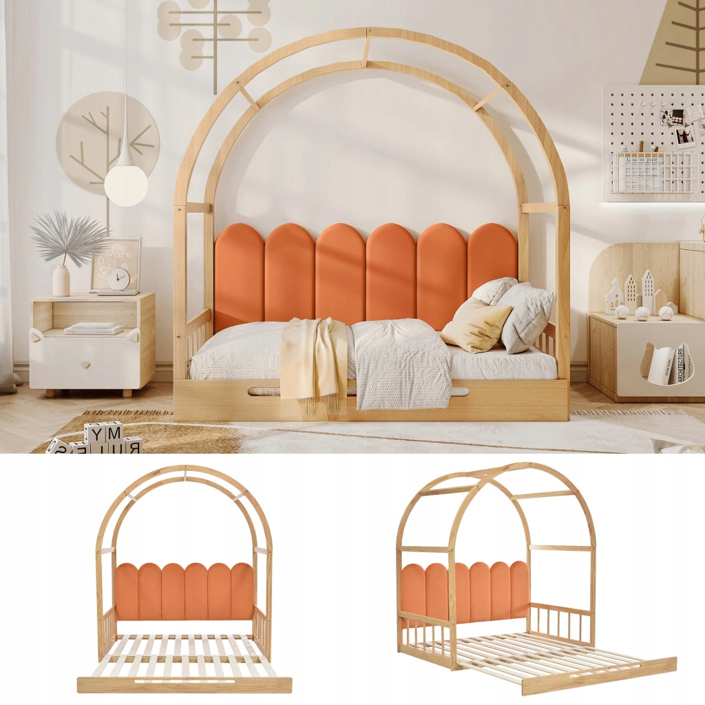 Letto con struttura estraibile - Xylo - 140x100cm&140x200cm - Naturale e arancione
