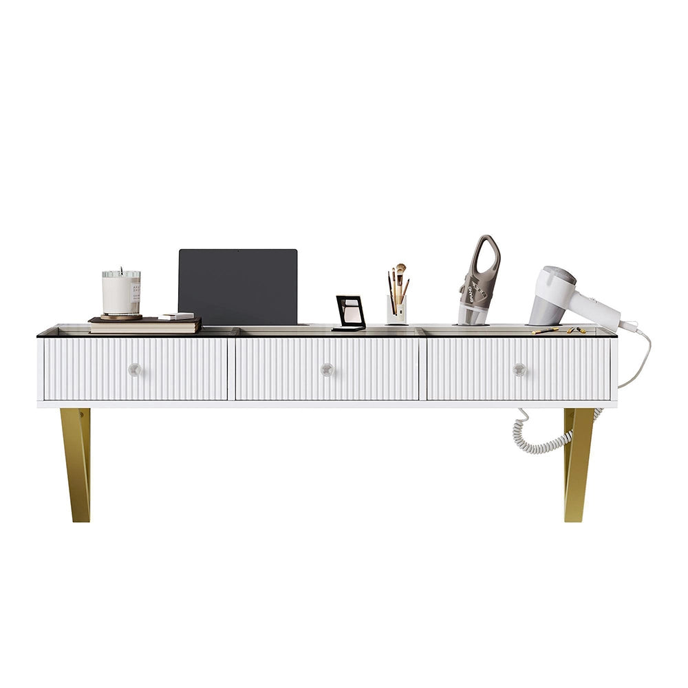 Coiffeuse sospesa con 3 cassetti - Xylo - 120¡Á40¡Á45cm - Bianco - Piano in vetro e porta bicchieri