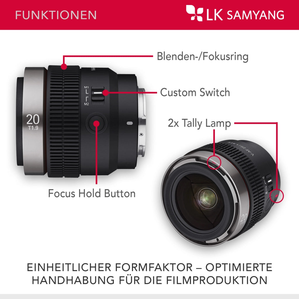 Obiettivo video V-AF 20 mm T1,9 FE compatibile con Sony E, per videocamera, con autofocus risoluzione 8K e lampada Tally, alta intensità luminosa per full-frame e APS-C