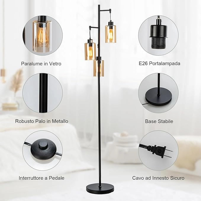 Lampada da Terra, Lampada a Stelo Retrò con Paralume in Vetro Ambrato a 3 Teste Sospese, Interruttore a Pedale, Base in Metallo, Ideale per Soggiorno, Camera da Letto, Corridoio e Studio