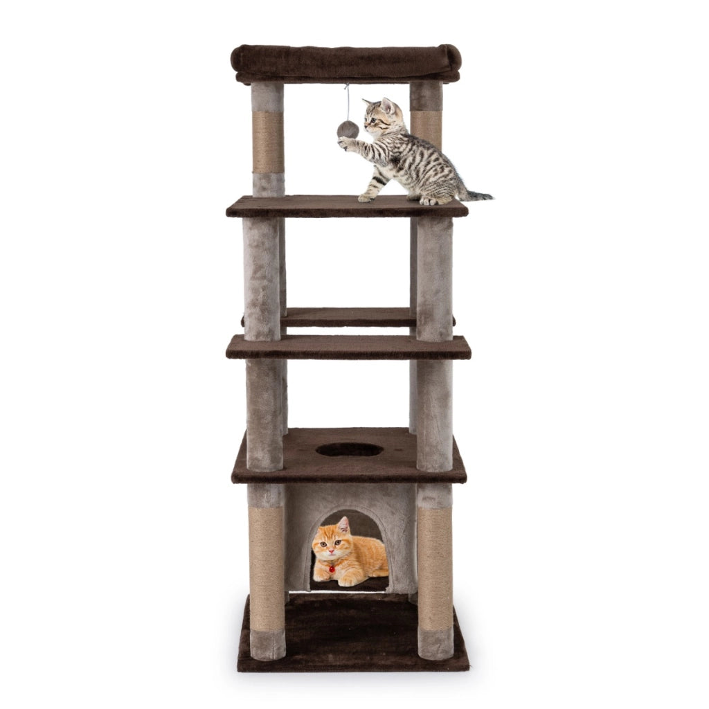 Albero per gatti 148 cm torre per gatti alta con condo aereo oscillante, Albero per gatti tiragraffi foro pompon e piattaforme -Alberi Tiragraffi