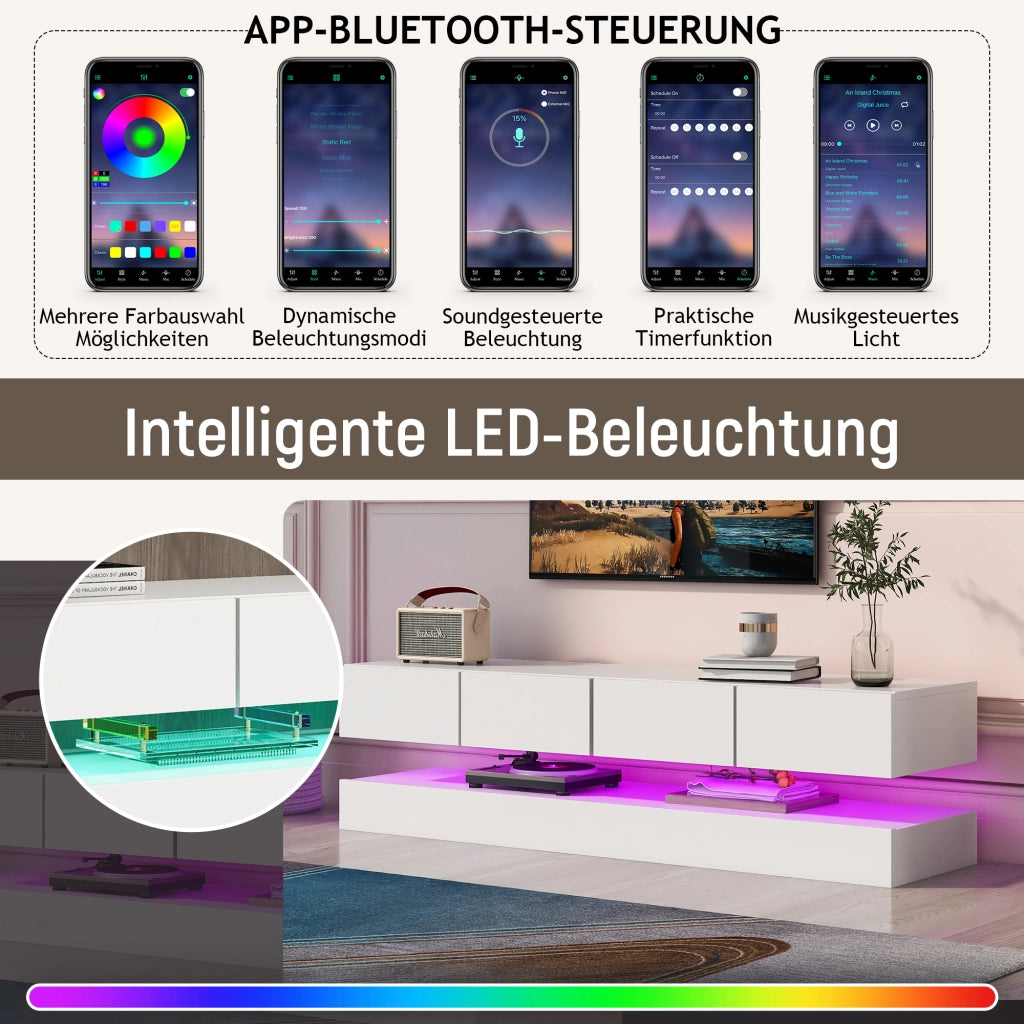 Mobile porta TV da parete con 4 cassetti e LED, controllo Bluetooth da app, MDF bianco