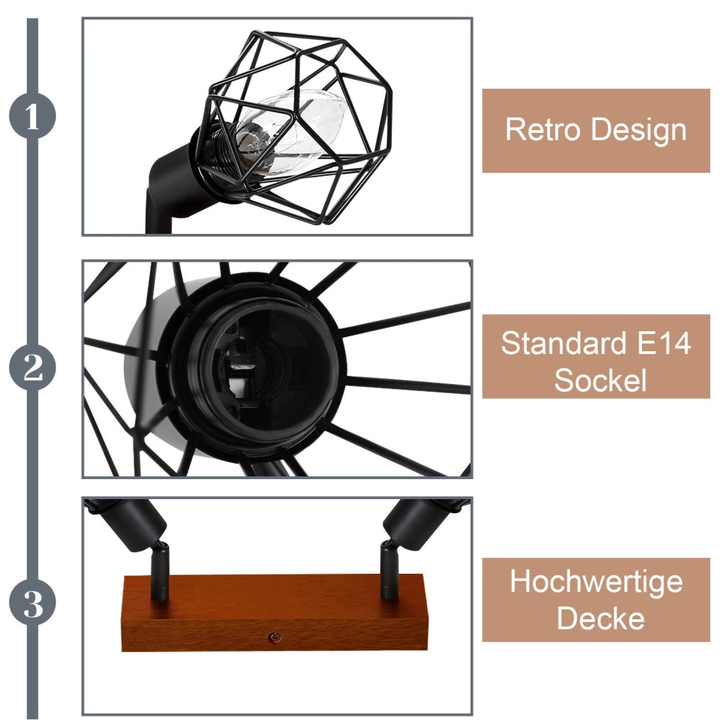 ZMH Faretto da soffitto neri 2 luci legno E14 vintage per soggiorno