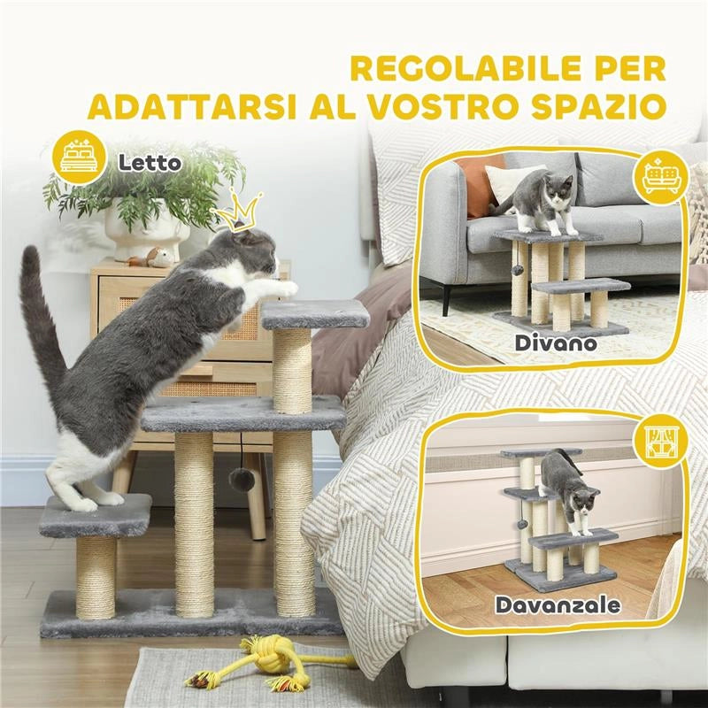 SCALETTA PER CANI E GATTI CON 3 SCALINI IN PELUCHE E PALI TIRAGRAFFI IN SISAL, CAPACITÓ 10 KG, GRIGIO