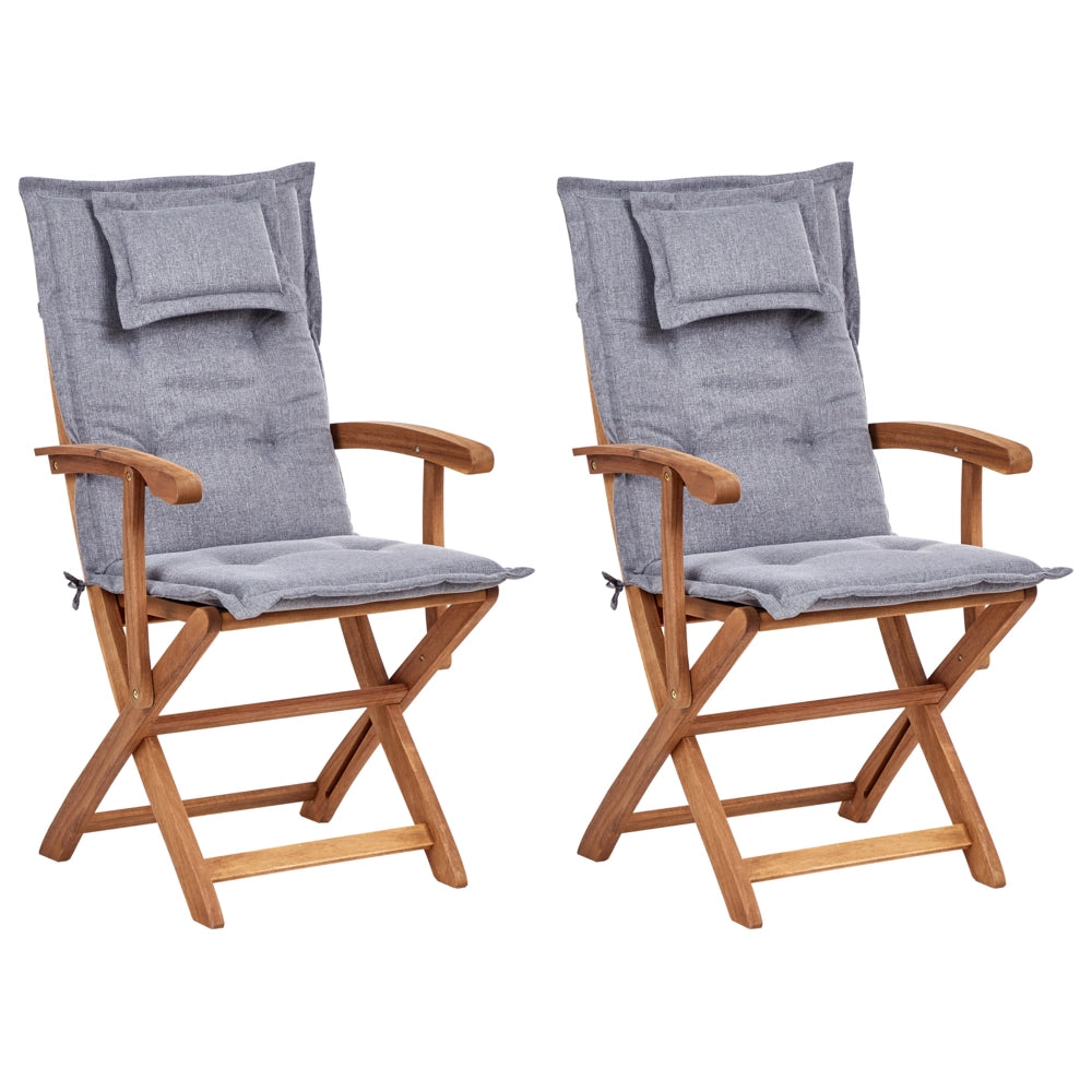 Set di 2 sedie da pranzo da giardino Legno chiaro con cuscino grigio Struttura in legno di acacia Design rustico pieghevole