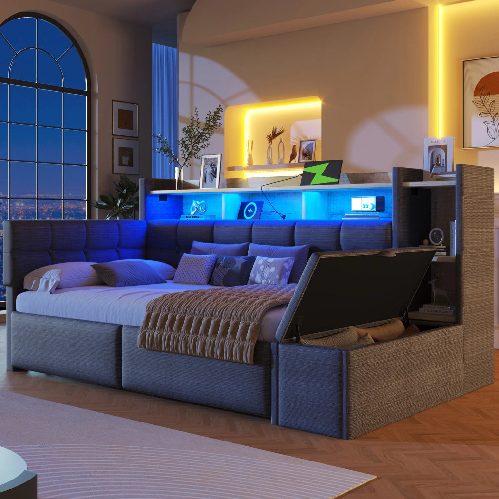 OKWISH Letto a Divano 90×190 cm, Letto Singolo con 2 Cassetti, USB, Tipo C, Mensola e LED Regolabile, senza Materasso, Velluto, Grigio Scuro