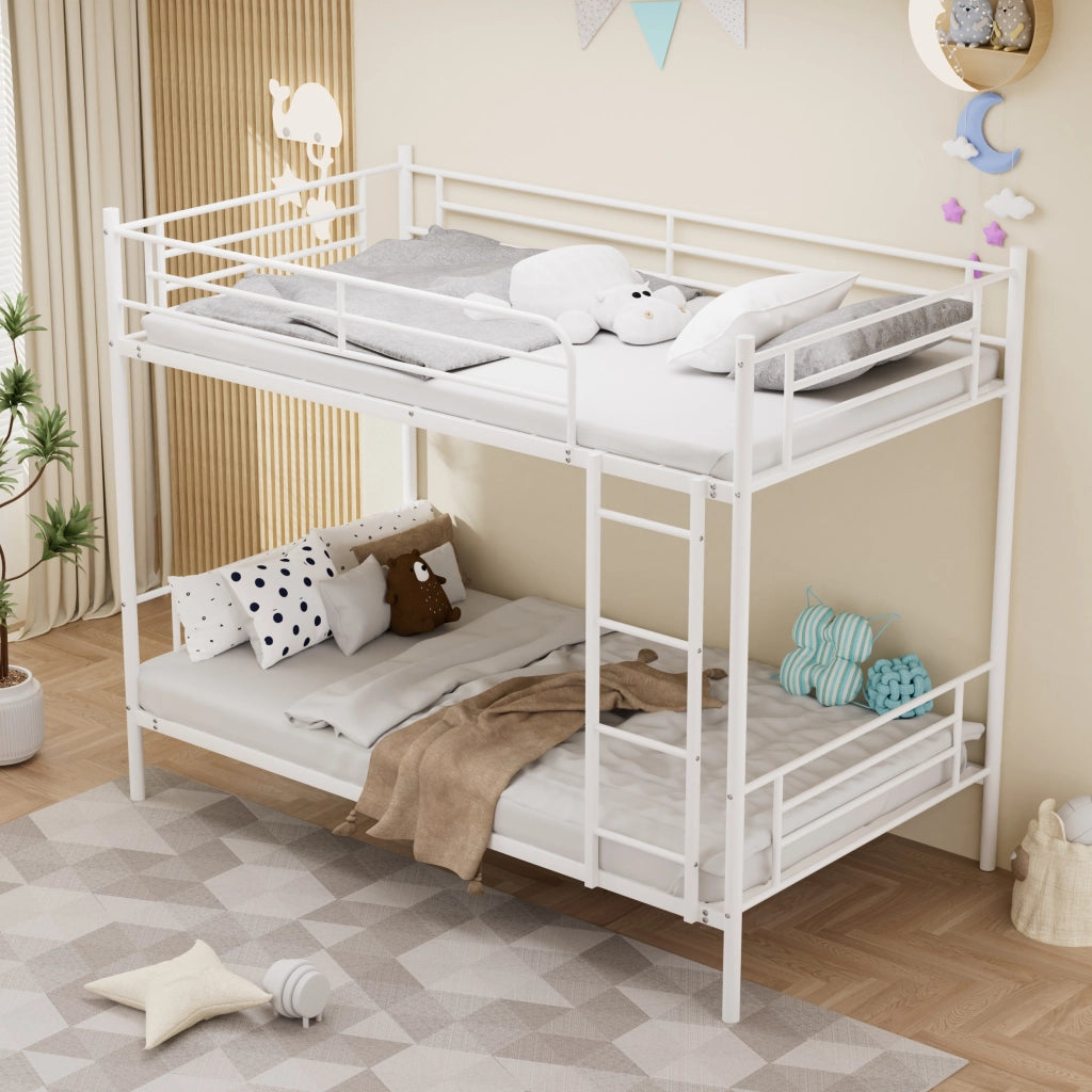 Letto a castello 90 × 190 cm con scala in metallo e barriera di sicurezza, senza materasso, bianco
