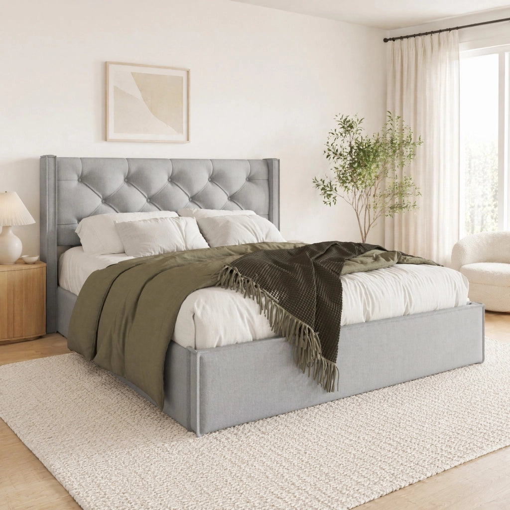 Letto matrimoniale imbottito 140x200 cm con contenitore; struttura in metallo e legno; grigio chiaro