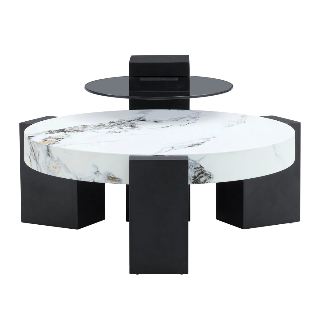 Set 2 tavolini rotondi 61 e 44 cm bianco nero in MDF e vetro; separabili