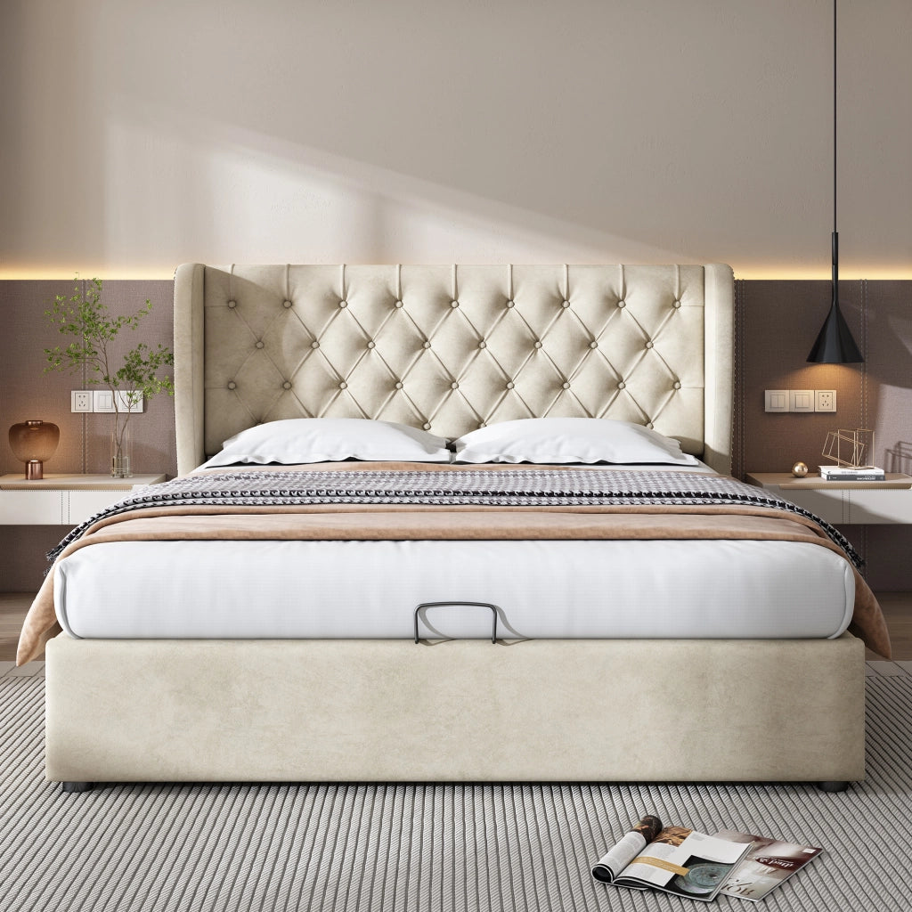 Letto imbottito Chesterfield 140x200 in velluto con contenitore; beige
