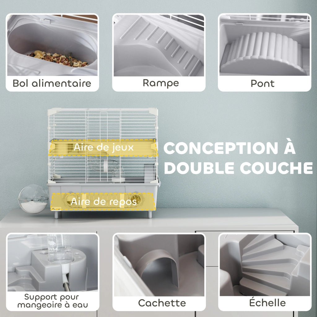Gabbia per criceti a 2 livelli con ruota ¨C Zephmum ¨C Grigio 44.5x28x44 cm